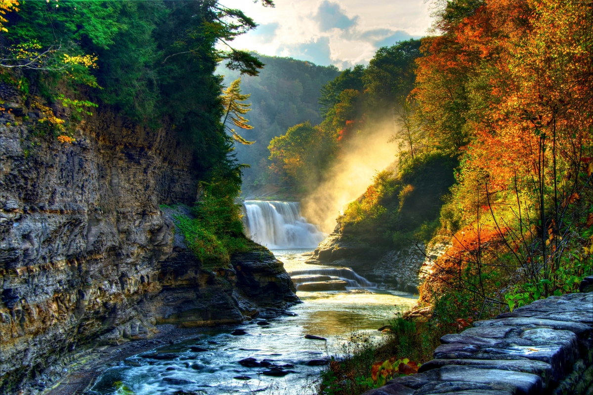 森林 阳光 树木 岩石 悬崖 瀑布 美丽自然风景图片 秋天